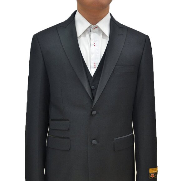Mens 2 Button Peak Lapel Vested Prom Tuxedo in Black - Picture 1 of 2